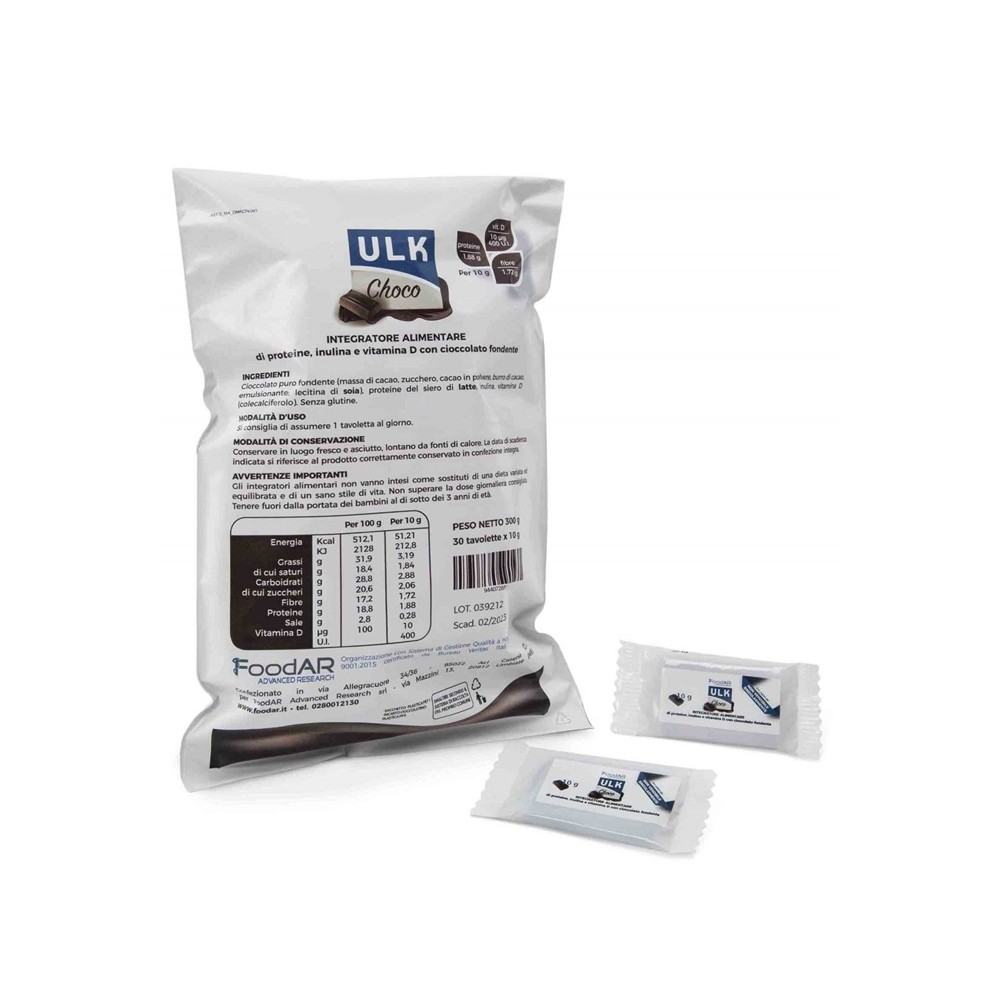 ULK Choco Integratore Alimentare di Proteine, Inulina e Vitamina D con cioccolato fondente - 30 Tavolette x 10g